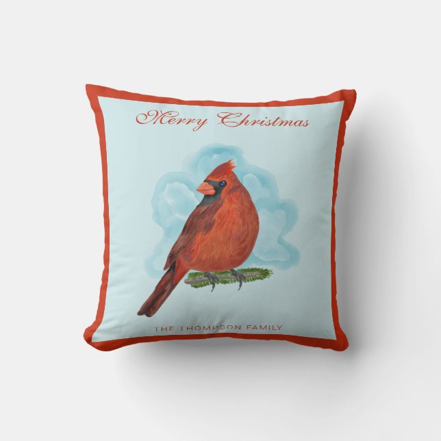 Almofada Watercolor Red Cardinal Family Name Christmas (Frente)