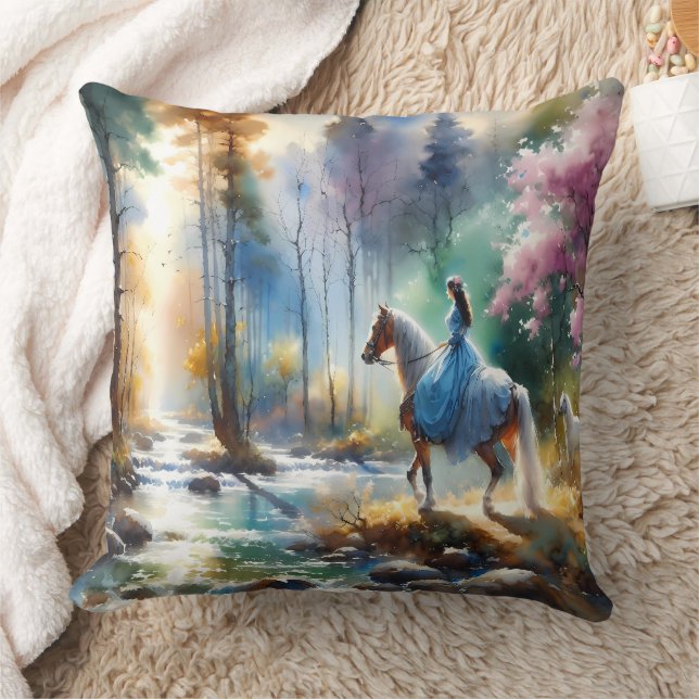 Almofada Watercolor River Horsewoman Forest Light (Cobertor)