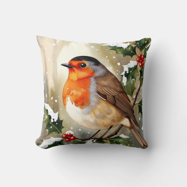 Almofada Watercolor Robin Christmas Design (Frente)