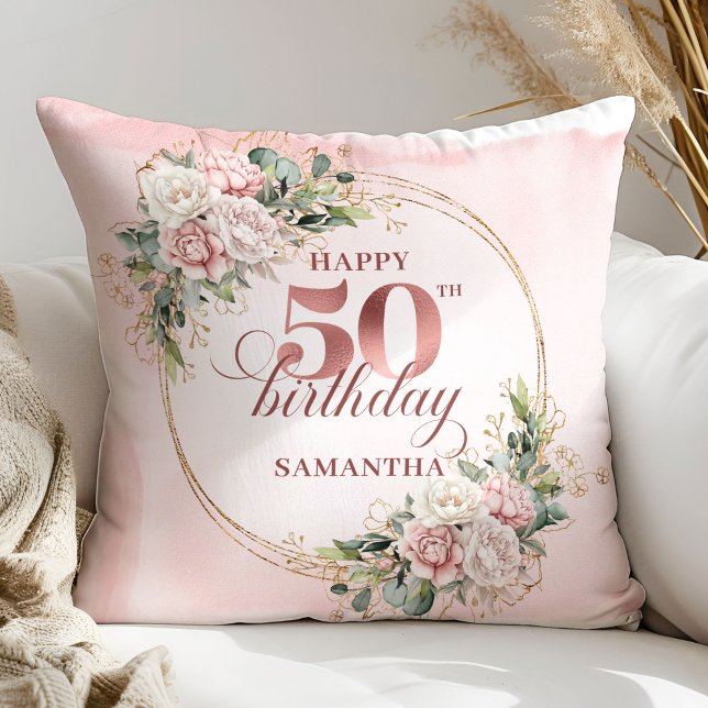 Almofada Watercolor Rose Gold 50th Birthday Pillow Gift (Watercolor Rose Gold 50th Birthday Pillow Gift)