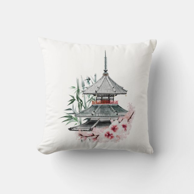 Almofada Watercolor Sakura Blossom Bamboo Templo Japonês (Frente)