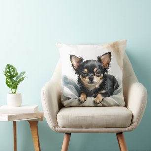 ALMOFADA WATERCOLOR TAN & BLACK LONG HAIAHUA DOG