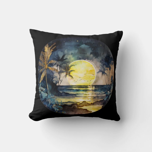 Almofada Watercolor Tropical Beach Sunset (Frente)
