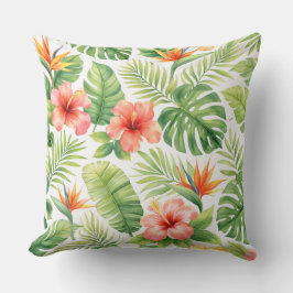 Almofada Watercolor Tropical Hibiscus and Bird of Paradise