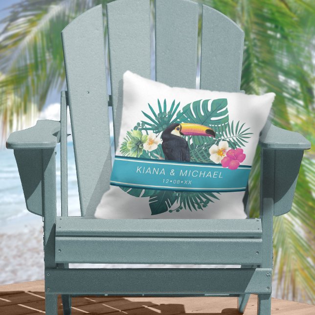 Almofada Watercolor Tropical w/Toucan Wedding Teal ID577 (Criador carregado)