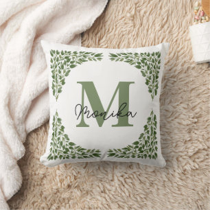 Almofada Watercolor Verde Folhas em Pacote Letra M Monogram