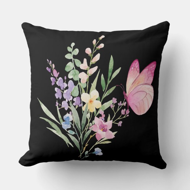 Almofada Watercolor Wildflower Bouquet with Pink Butterfly (Frente)