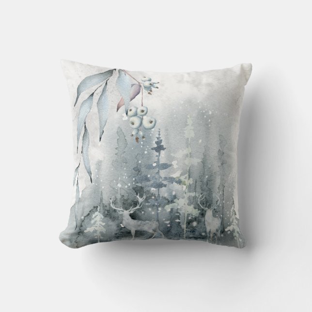 Almofada Watercolor Winter Deer Scene White Winter Berries (Frente)