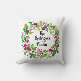 Almofada Watercolor Wreath com Red Berries & Name