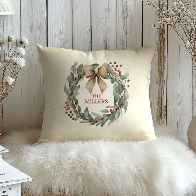 Almofada Watercolor Wreath Natal (Watercolor Eucalyptus Christmas Wreath Custom Pillow)