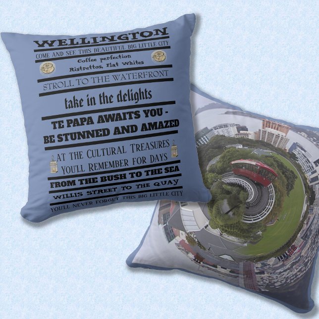 Almofada Wellington CIty N.Z., Pequeno Efeito Planeta (Front view with text, back view of the city, litle planet style :))