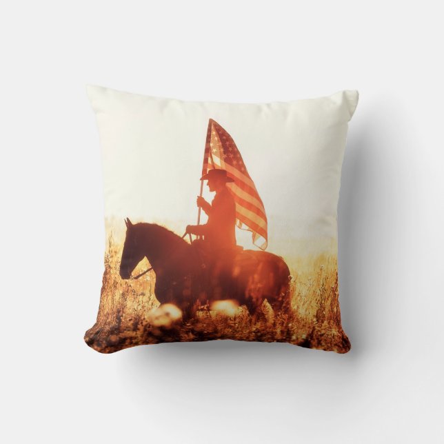 Almofada Western - retrato de cowboy com bandeira dos EUA (Frente)