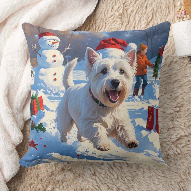Almofada Westie correndo em neve com chapéu de Natal (Cobertor)