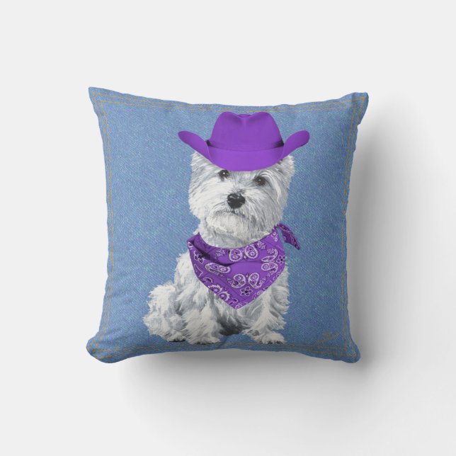 Almofada Westie Cowboy em Denim (Frente)