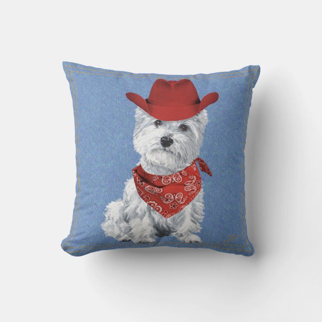 Almofada Westie Cowboy em Denim (Frente)