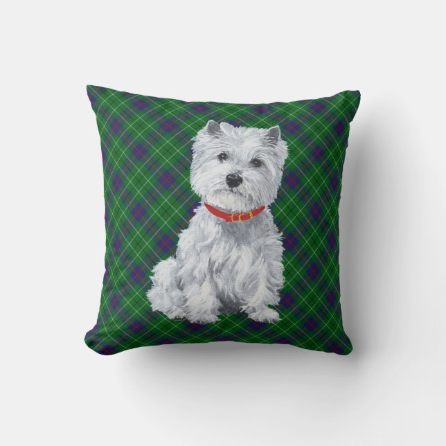 Almofada Westie no TRAVESSEIRO de Tartan (Frente)
