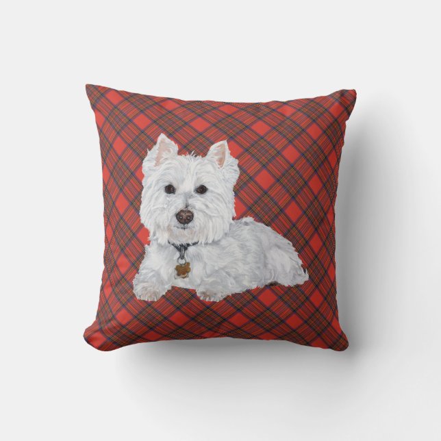 Almofada Westie no TRAVESSEIRO de Tartan (Frente)