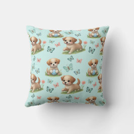 Almofada Whimsical Blue Watercolor Puppies and Butterflies