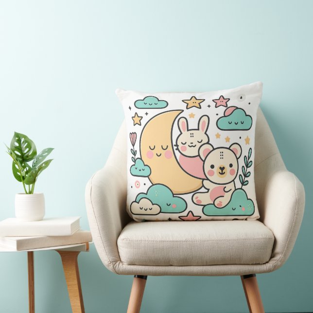 Almofada  Whimsical Bunny and Bear Moon Decorative Pillow (Cadeira)