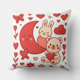 Almofada Whimsical Bunny and Bear Moon Heart Throw Pillow