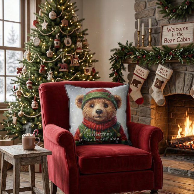 Almofada Whimsical Christmas Elf Teddy Bear Folklore (Cute Festive Teddy Bear Elf, whimsical storybook woodland animal Christmas Cushion, Holiday Pillow)