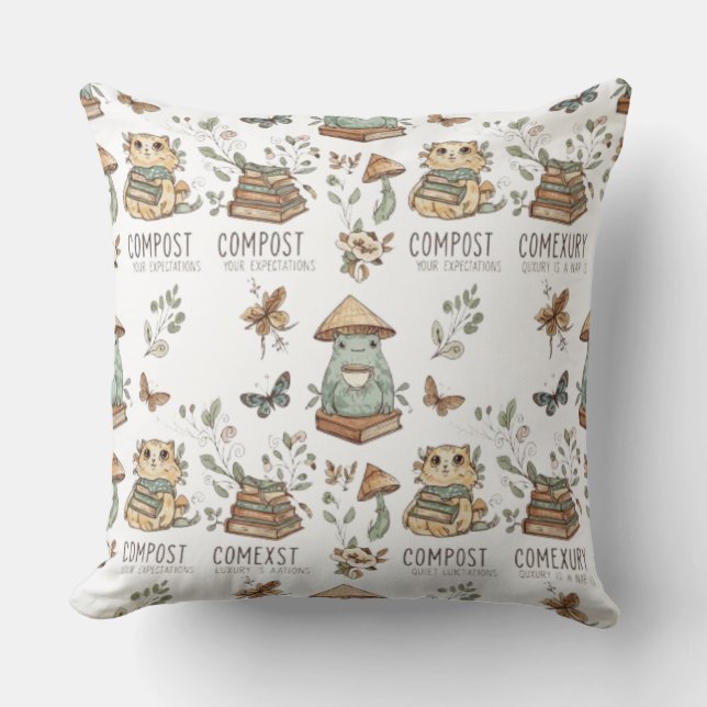 Almofada Whimsical "Compost Your Expectations" Frog & Cat P (Frente)