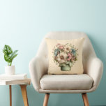 Almofada Whimsical Flowers in a Planter Pot Cute<br><div class="desc">Pillow with a cute image. Blue. pink and cream colored flowers with green leaves. Set inside a green flower pot with a green plaid cloth hanging over the side.</div>