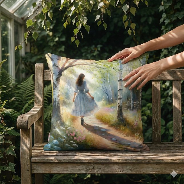 Almofada Whimsical Girl Dancing Through Birch Forest (Whimsical Girl Dancing Through Birch Forest Throw Pillow Mockup A)