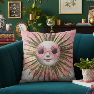 Almofada Whimsical Maximalist Celestial Sun Pink Floral Sun