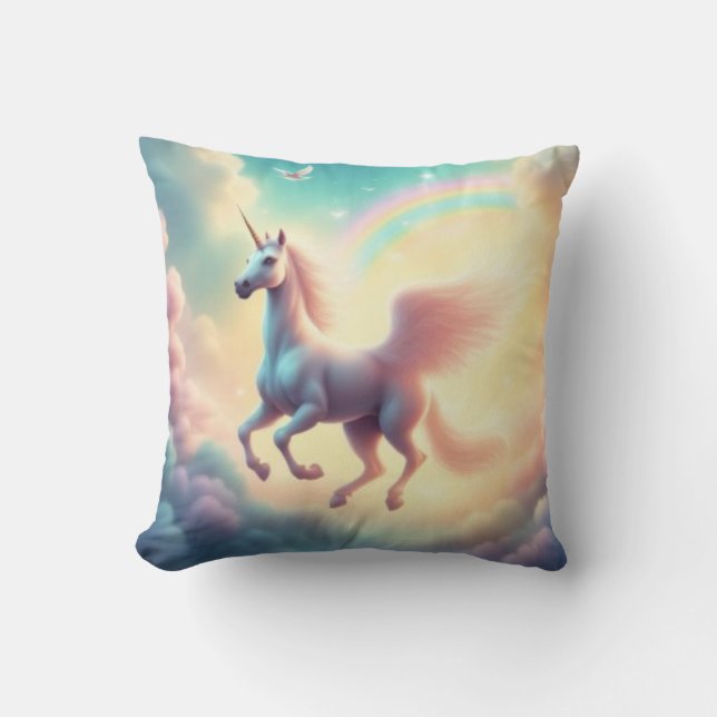 Almofada Whimsical Mystical Flying Unicorn Pastel Rainbow (Frente)