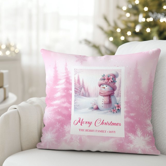 Almofada Whimsical Pink Snowman Winter Scene Pillow Gift (Whimsical Pink Snowman Winter Scene Pillow Gift)