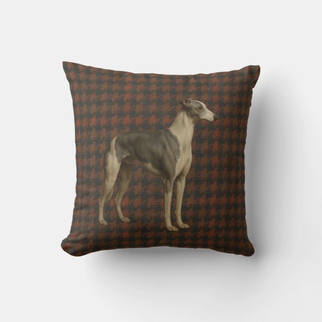 Almofada Whippet throw cushion. Whippet on tweed/tartan (Frente)
