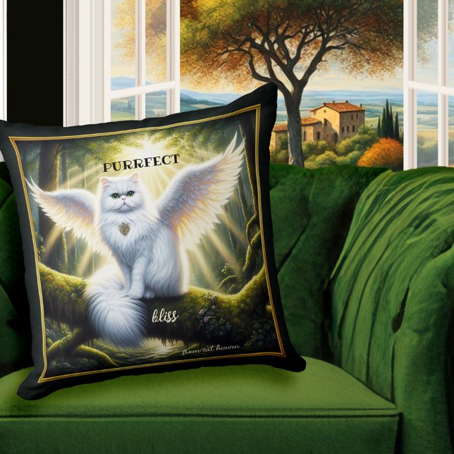 Almofada White Cat Angel Heavenly Bliss (Pillow featuring a painting of a white angel cat in a lush forest. Heavenly bliss! - cat lover gift)