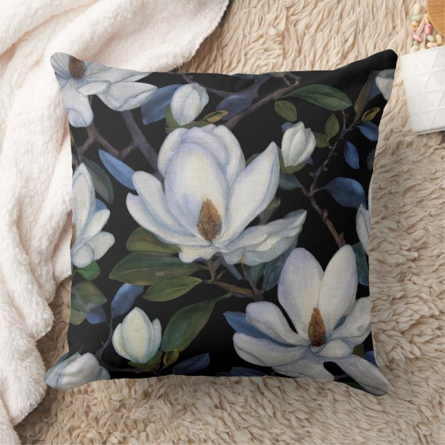 Almofada White magnolias on black pattern (Cobertor)