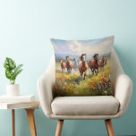 Almofada Wild Horses Running in a Wildflower Meadow<br><div class="desc">A beautiful pillow for cowboy decor and western art lovers,  a gorgeous painting of wild horses running in a grassy field of wildflowers.</div>
