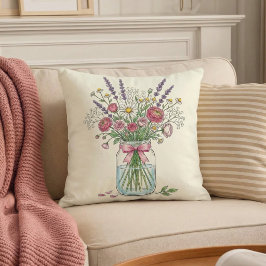 Almofada Wildflower Mason Jar Botanical Throw Pillow