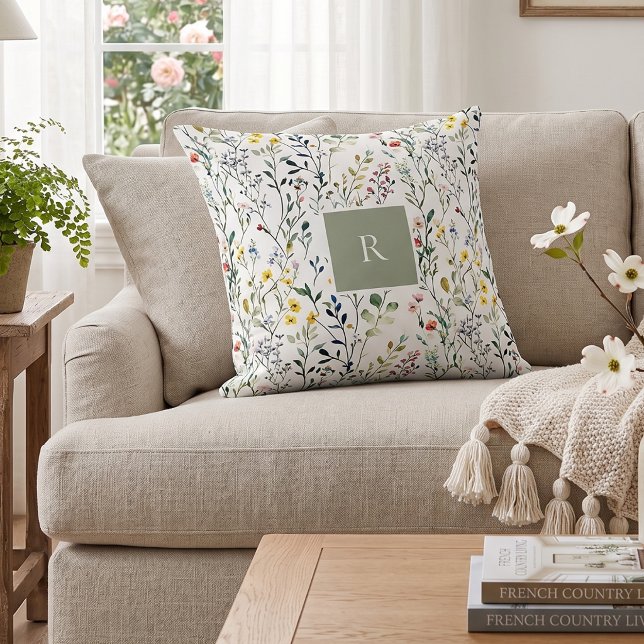 Almofada Wildflower Watercolor Botanical Monogram  (Criador carregado)