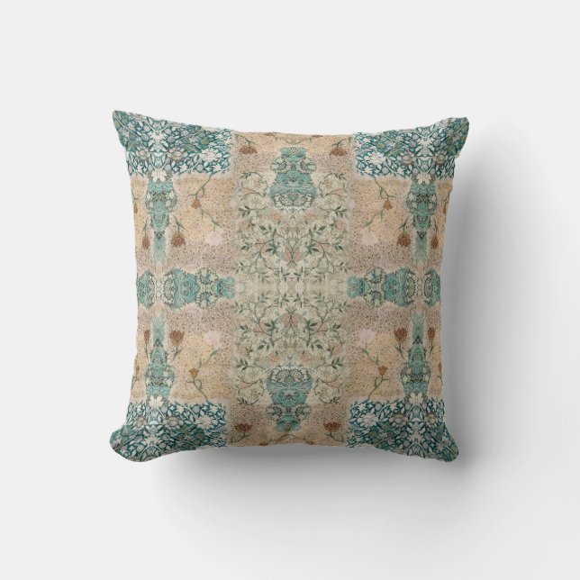 Almofada William Morris Floral Pattern Collage Teal Peach (Frente)