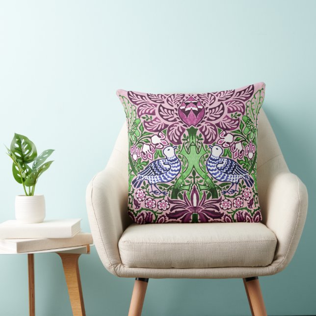 Almofada William Morris Folk Art Birds Flores Bolotas (Cadeira)