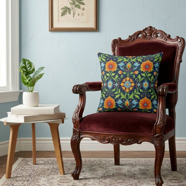 Almofada William Morris Inspired Pattern Orange Blue Flower (William Morris Inspired Pattern Orange Blue Flower Throw Pillow by Ricaso, Vintage twist modern art)