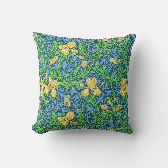 Almofada William Morris Irises, Amarelo e Azul Cobalto (Frente)