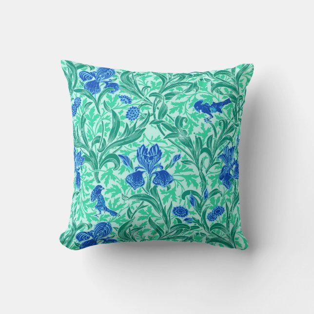 Almofada William Morris Irises, Cobalto Azul, Aqua e Teal (Frente)