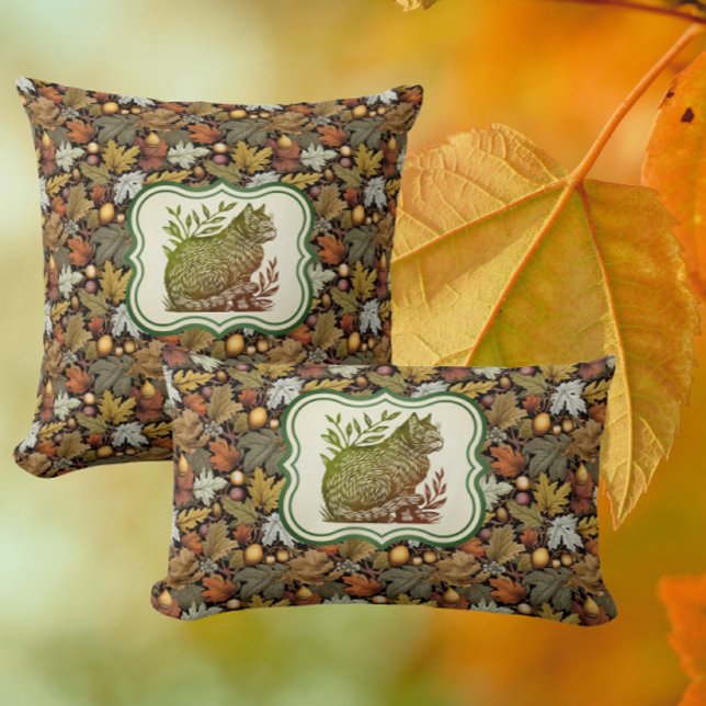 Almofada William Morris Personalizou Folhas de outono com C (Vintage cats adorn these autumn pillows)