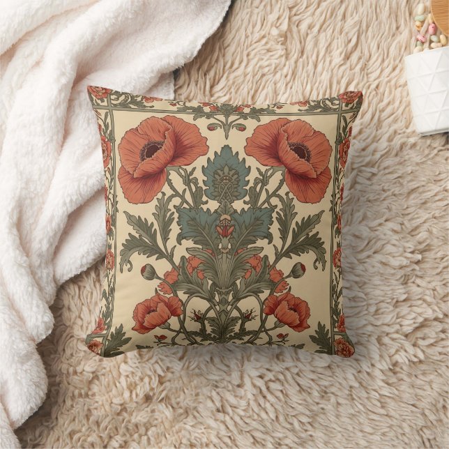 Almofada William Morris Poppies Floral Art Nouveau Pattern  (Cobertor)
