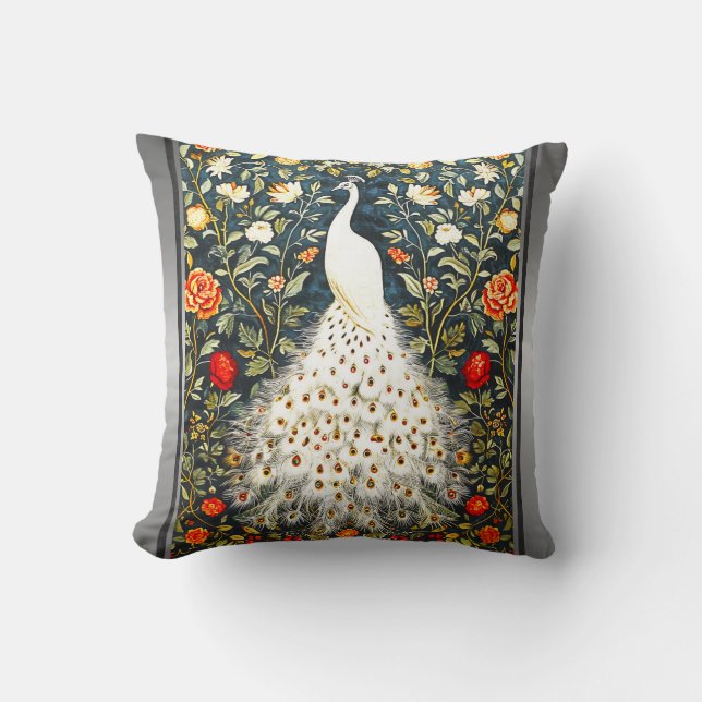 Almofada William Morris White Peacock Art Deco Impressão (Frente)