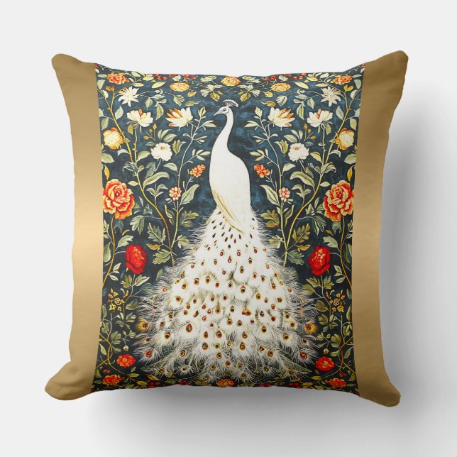 Almofada William Morris White Peacock Art Deco Prata Dourad (Frente)