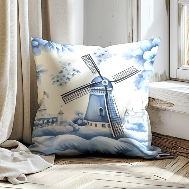 Almofada Windmill Dutch Delft Blue Vintage (Vintage blue windmill decorator pillow)