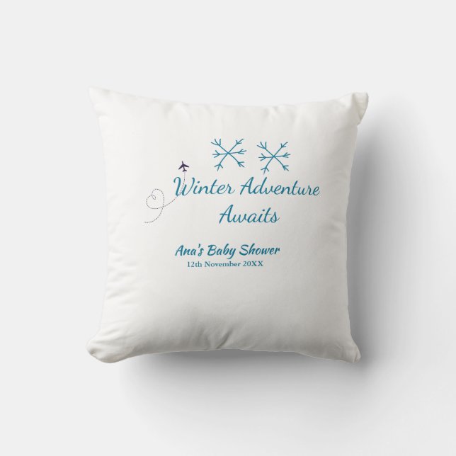 Almofada Winter Adventure awaits baby shower blue snowflake (Frente)