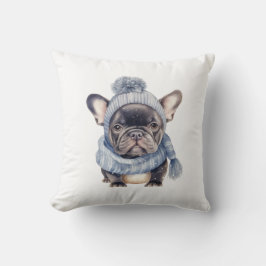 Almofada Winter Bulldog Baby in Blue Cap and Scarf