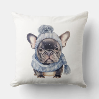 Almofada Winter Bulldog Baby in Blue Cap and Scarf